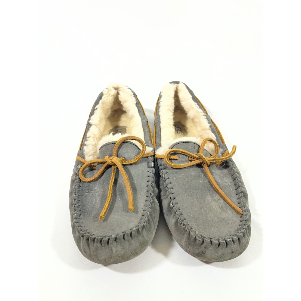 UGG Ansley Suede Sheepskin Lined Moccasin‎ Slippers Women 7 Gray Loungewear Warm